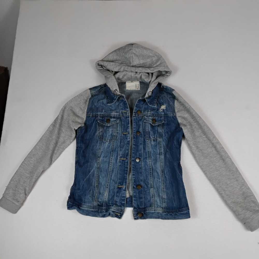 Life in progress Womens Denim Jean Jacket Gray Hoodie Sleeves Distressed Hybrid